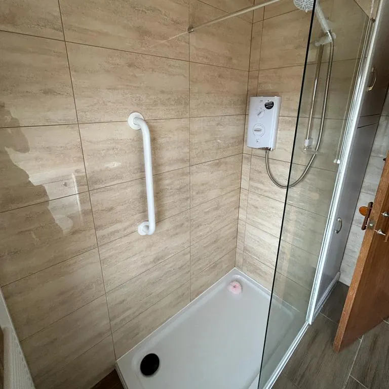 a bathroom with a shower and a toilet